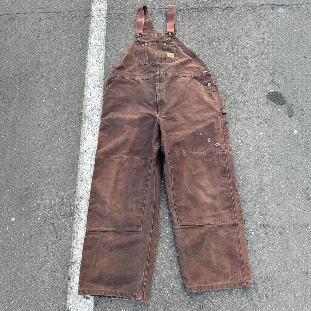 Vintage Carhartt R06 DKB Dark Brown Double Knee Overalls Distressed 46x30